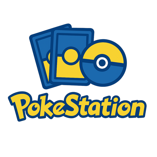 Logo of PokeStation with blue cards and a yellow and blue Poké Ball on a white background